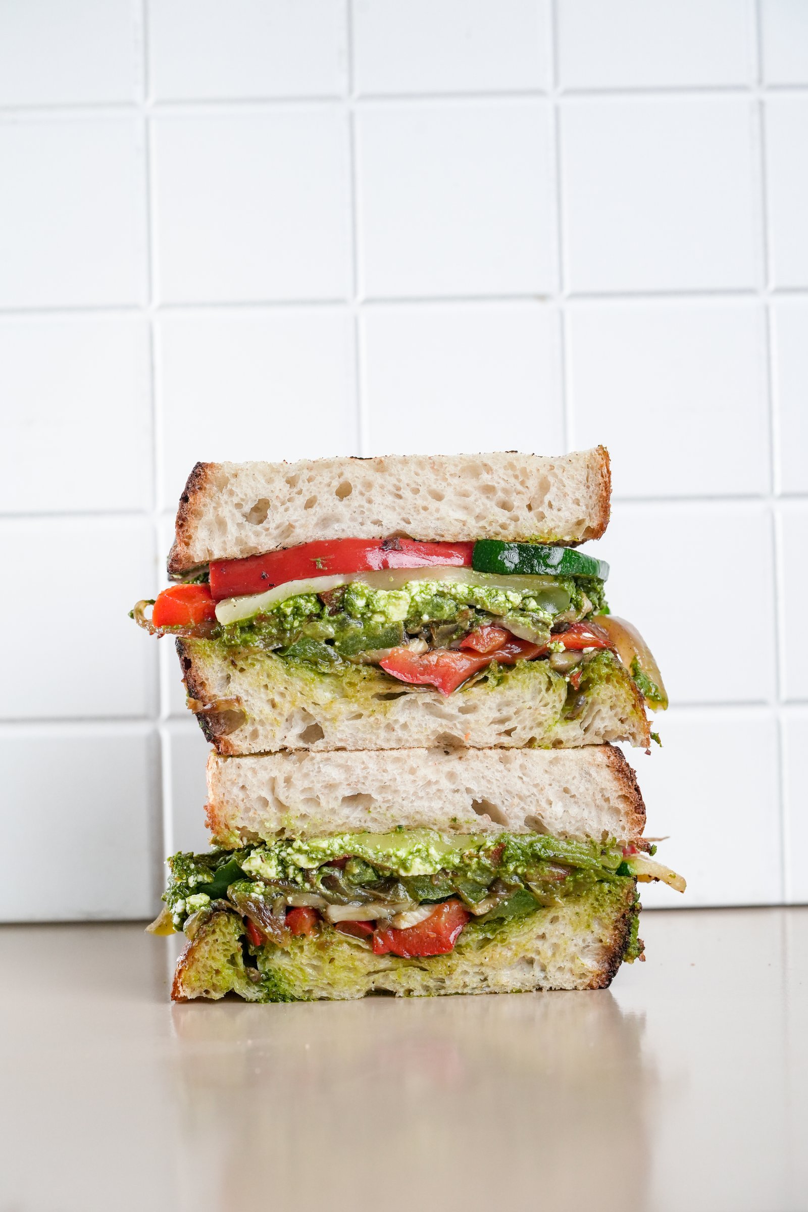 Grilled Vegetables — sourdough, zucchini, tomato, mushroom, red capsicum, pesto, vegan secret, feta